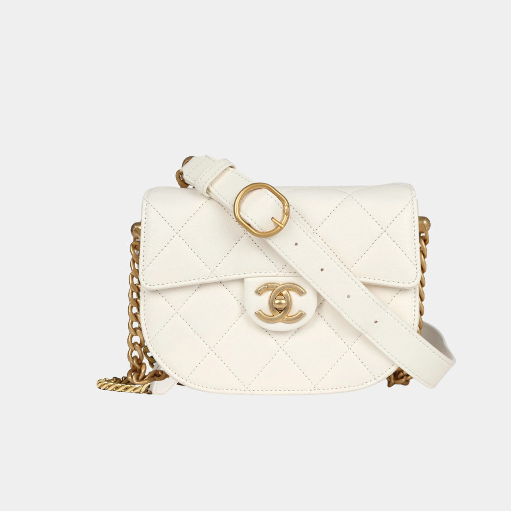 Chanel Mini Round Messenger Flap Bag – White Caviar, Antique Gold