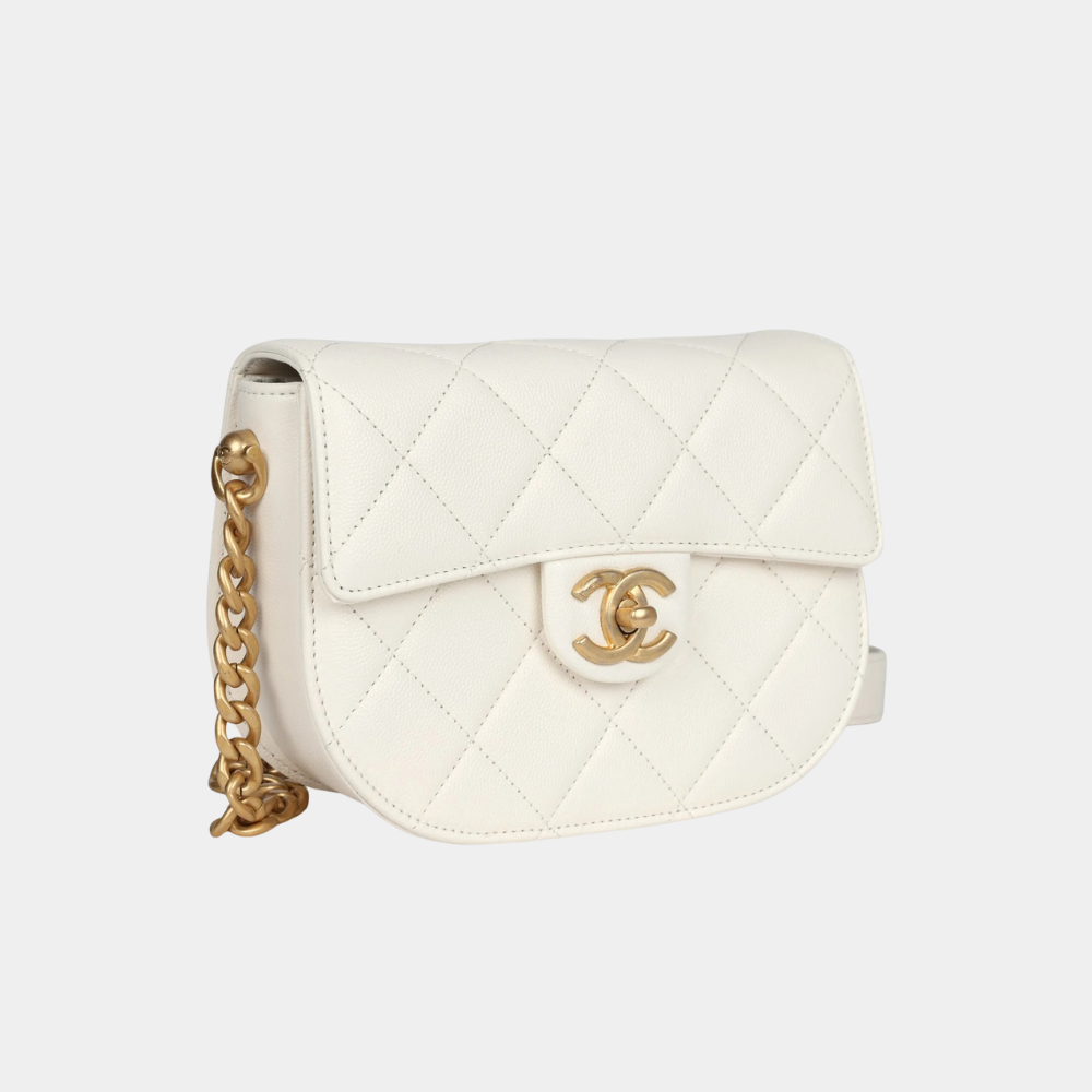 Chanel Mini Round Messenger Flap Bag – White Caviar, Antique Gold
